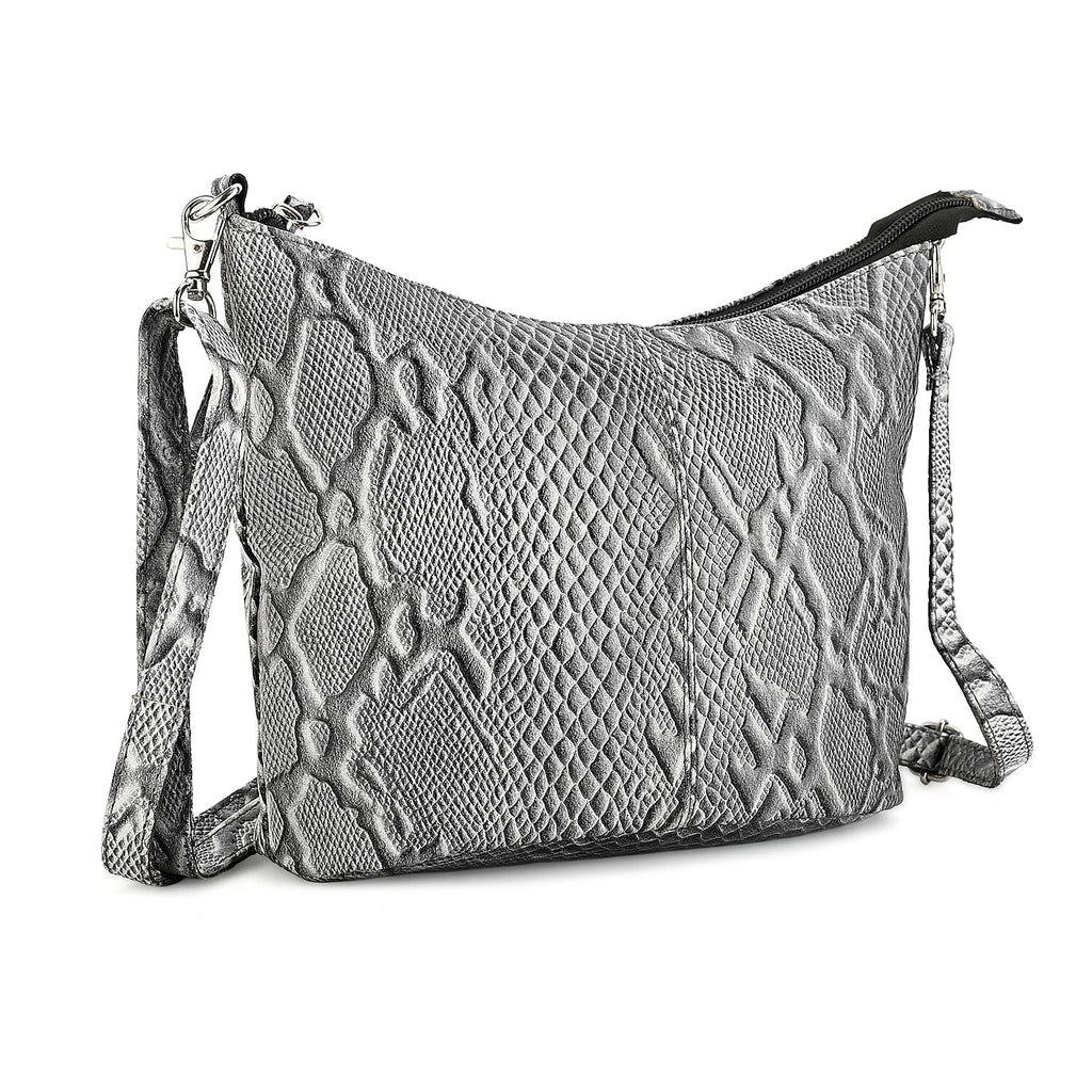 - Maisi 100% Genuine Leather Snakeskin Embossed Crossbody Bag - Grey