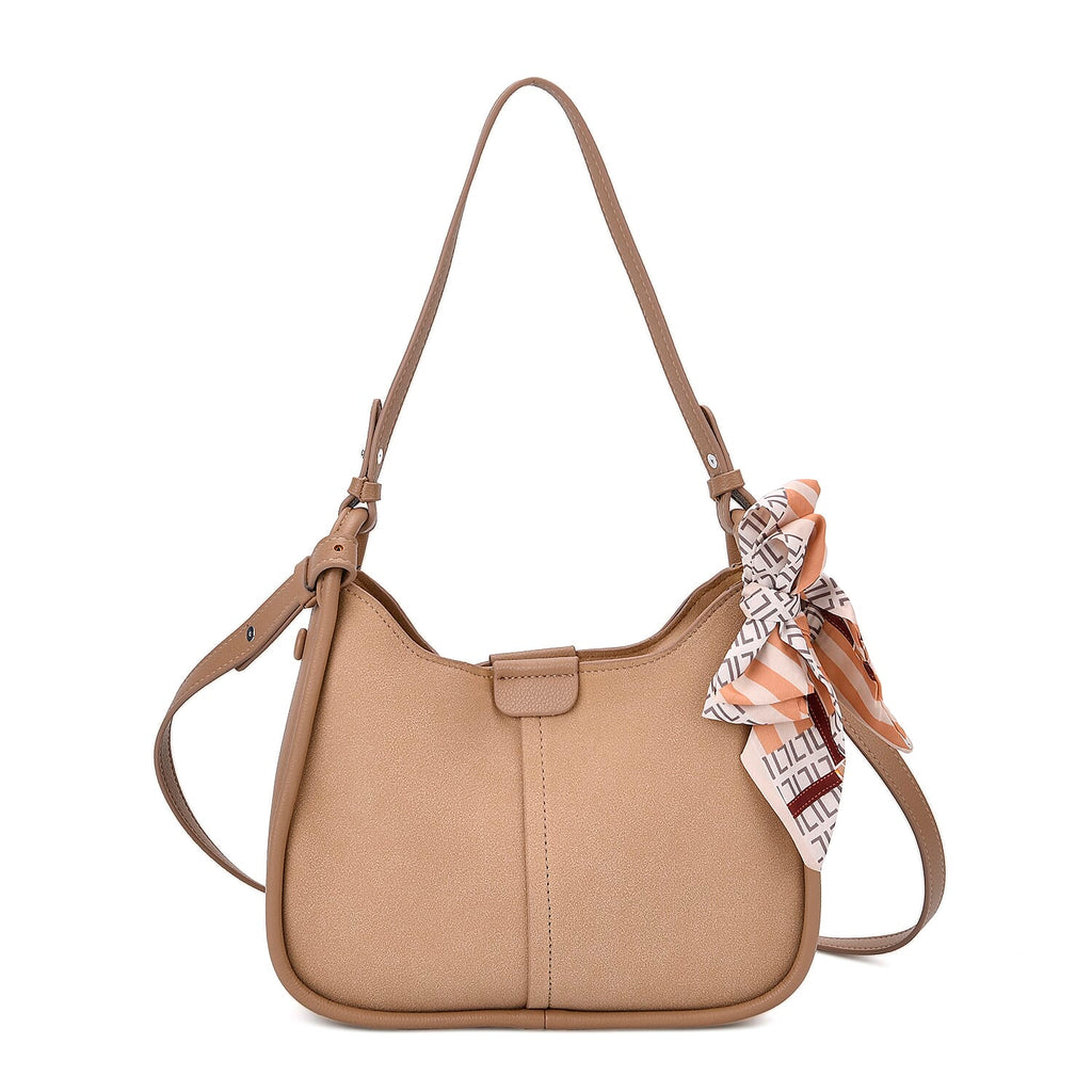 - Maisi Leatherette Crossbody Bag with Scarf - Khaki