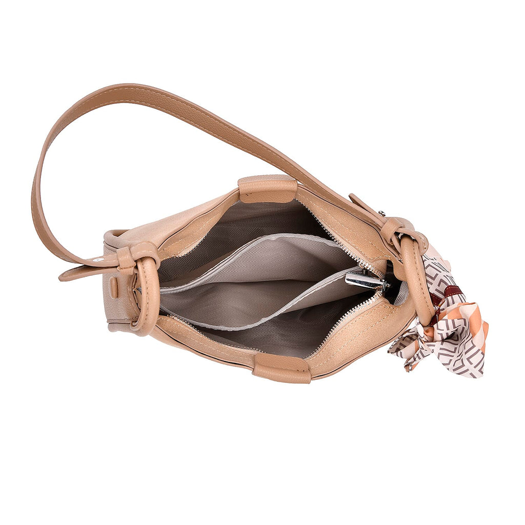 - Maisi Leatherette Crossbody Bag with Scarf - Khaki