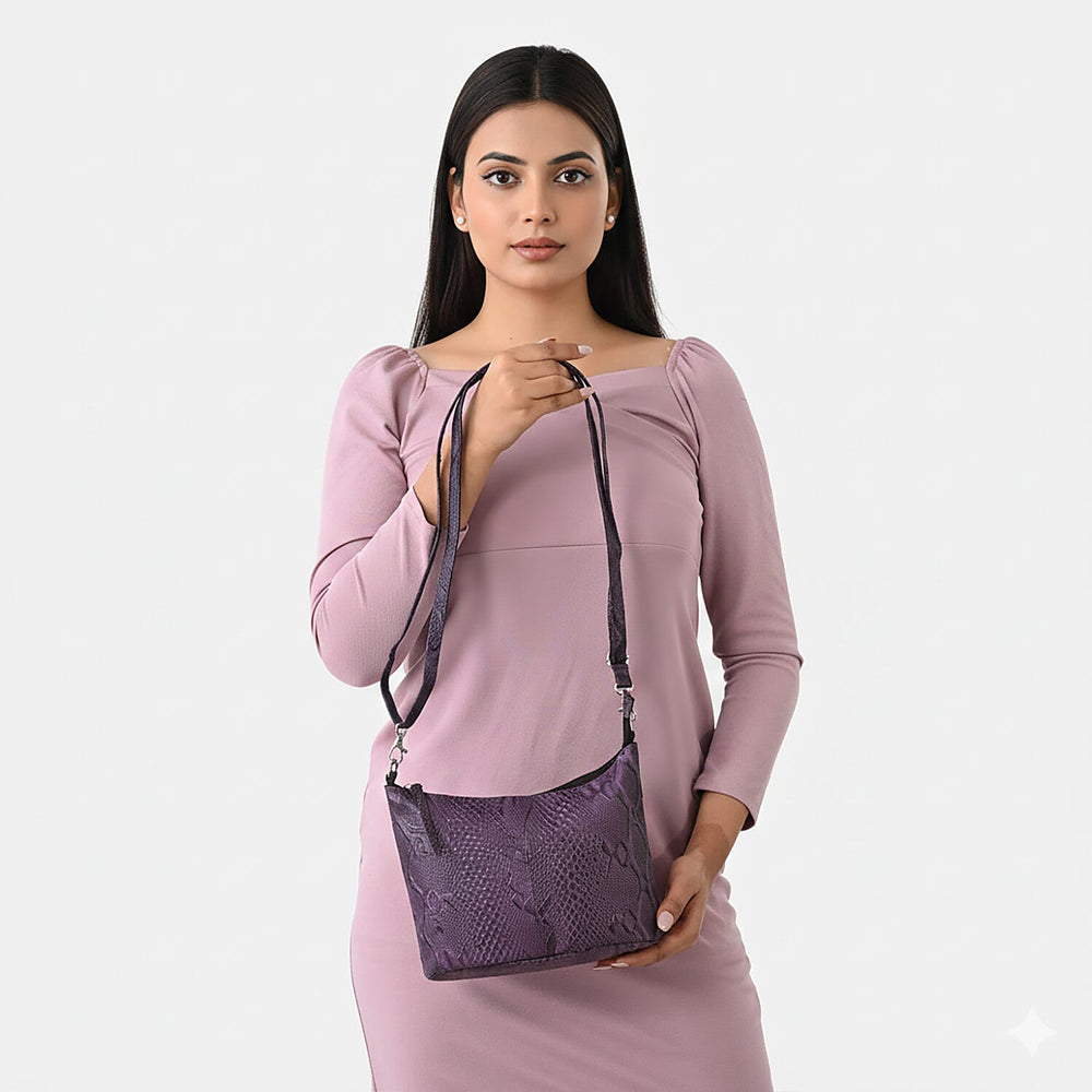 - Maisi 100% Genuine Leather Snakeskin Embossed Crossbody Bag - Purple