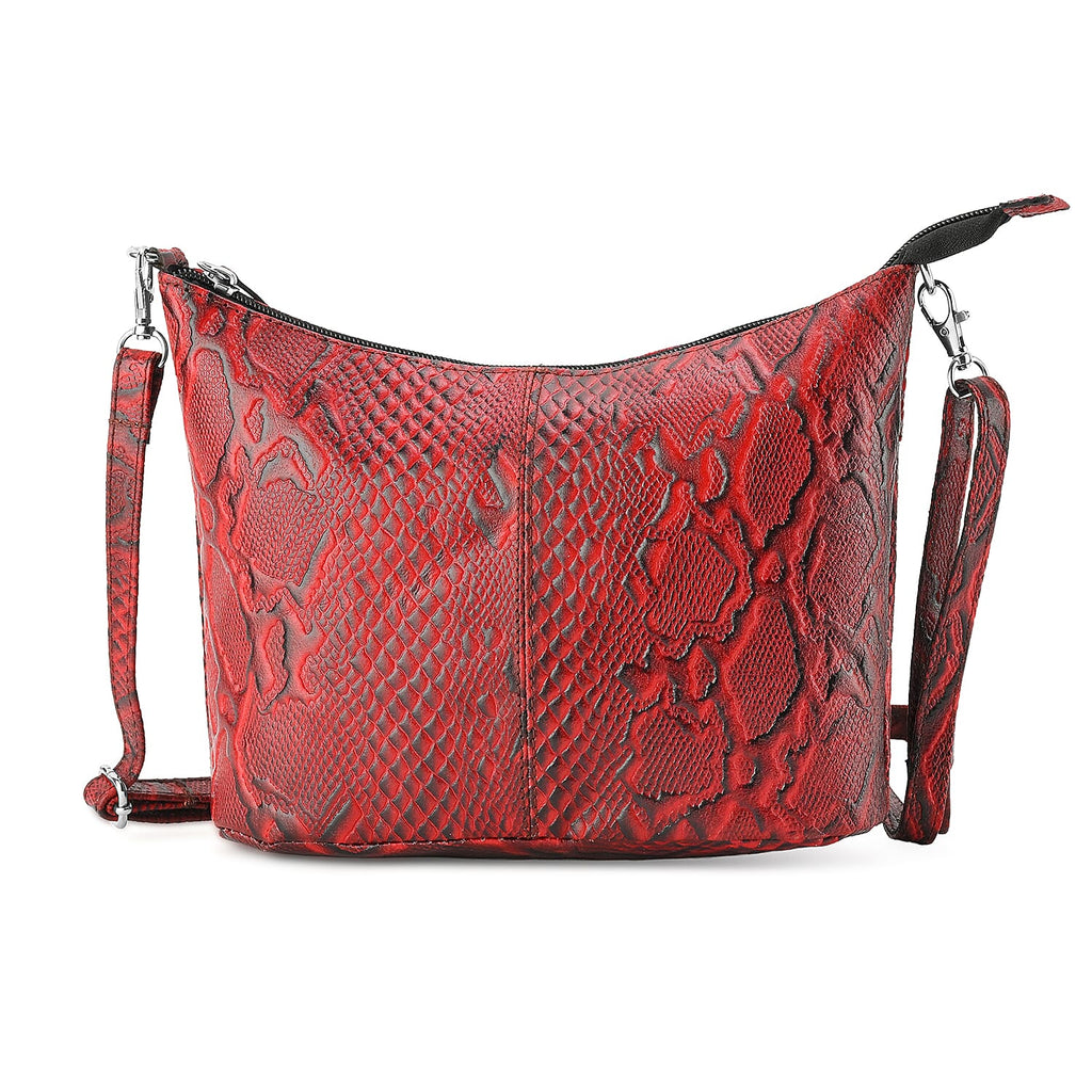 - Maisi 100% Genuine Leather Snakeskin Embossed Crossbody Bag - Red