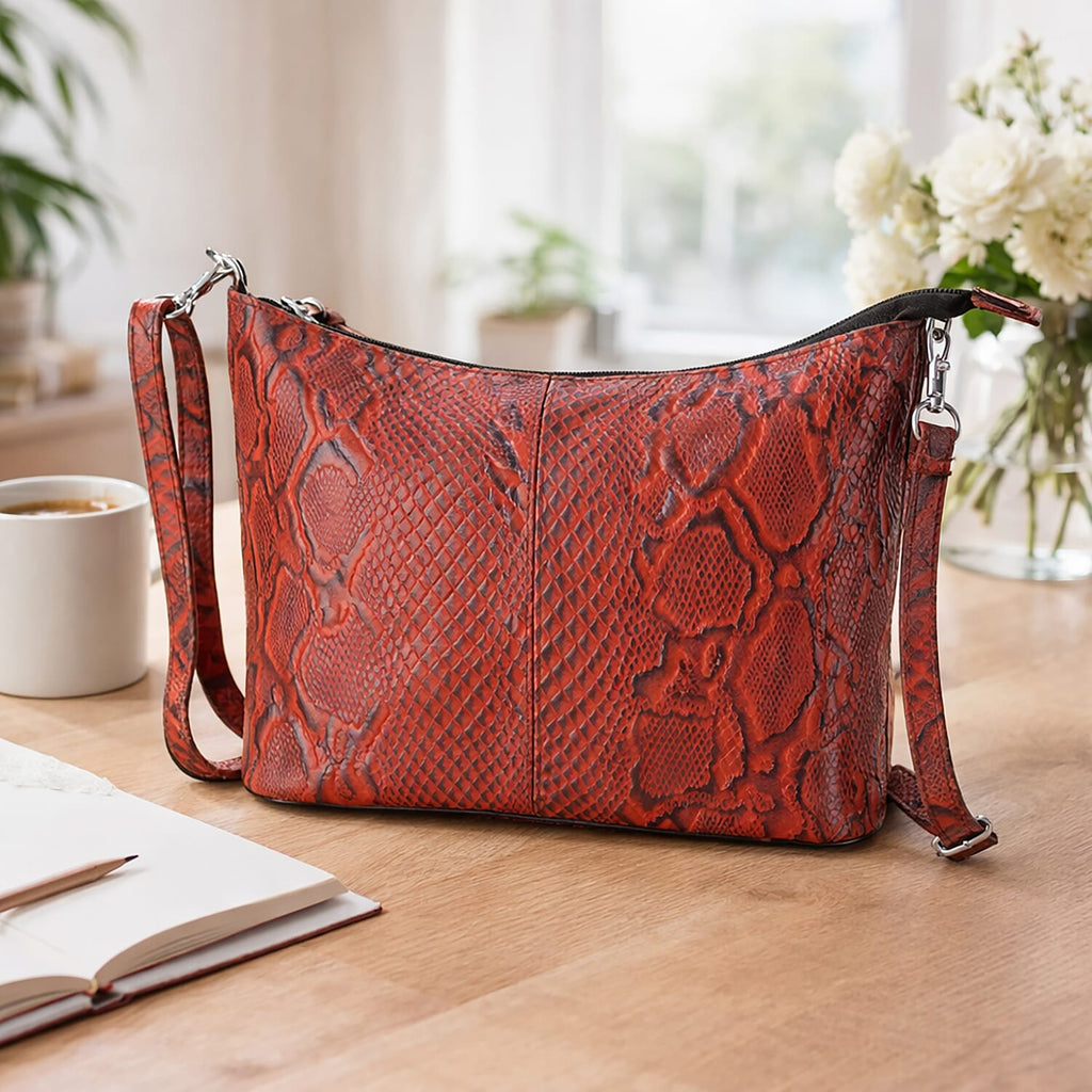 - Maisi 100% Genuine Leather Snakeskin Embossed Crossbody Bag - Red