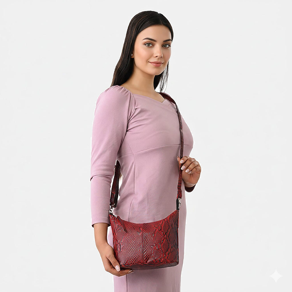 - Maisi 100% Genuine Leather Snakeskin Embossed Crossbody Bag - Red