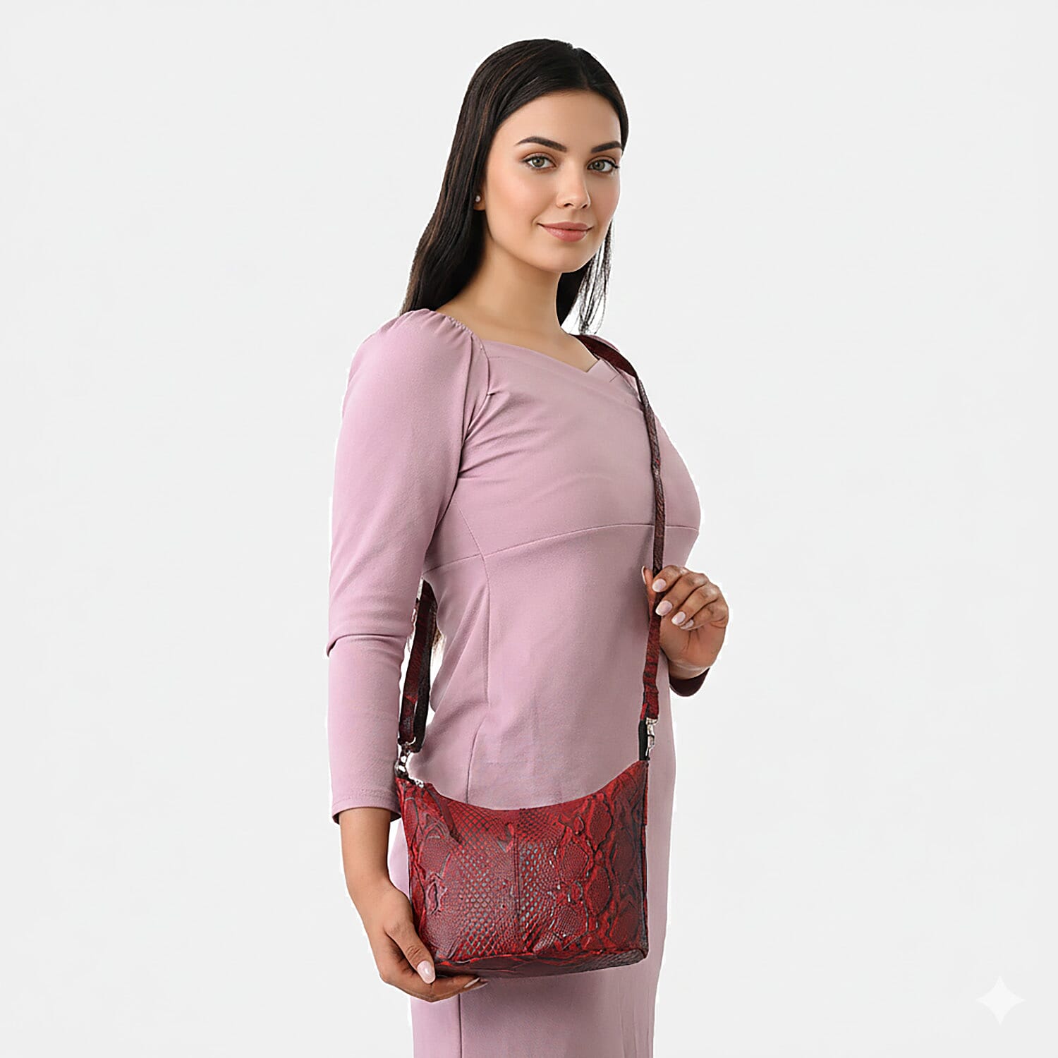- Maisi 100% Genuine Leather Snakeskin Embossed Crossbody Bag - Red