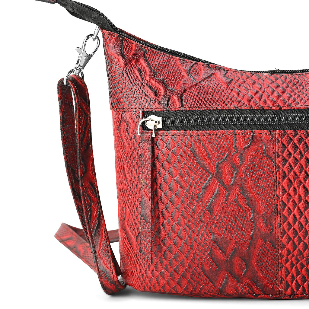 - Maisi 100% Genuine Leather Snakeskin Embossed Crossbody Bag - Red