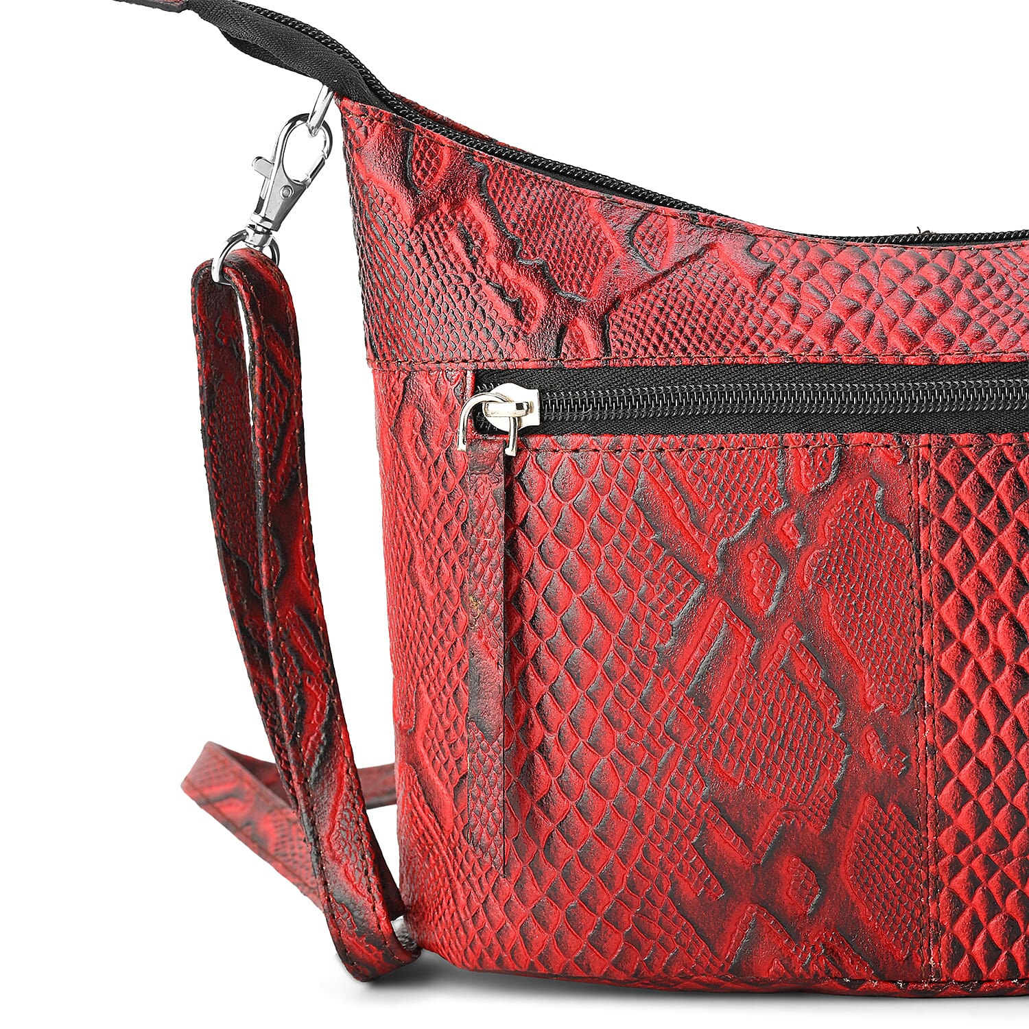 - Maisi 100% Genuine Leather Snakeskin Embossed Crossbody Bag - Red