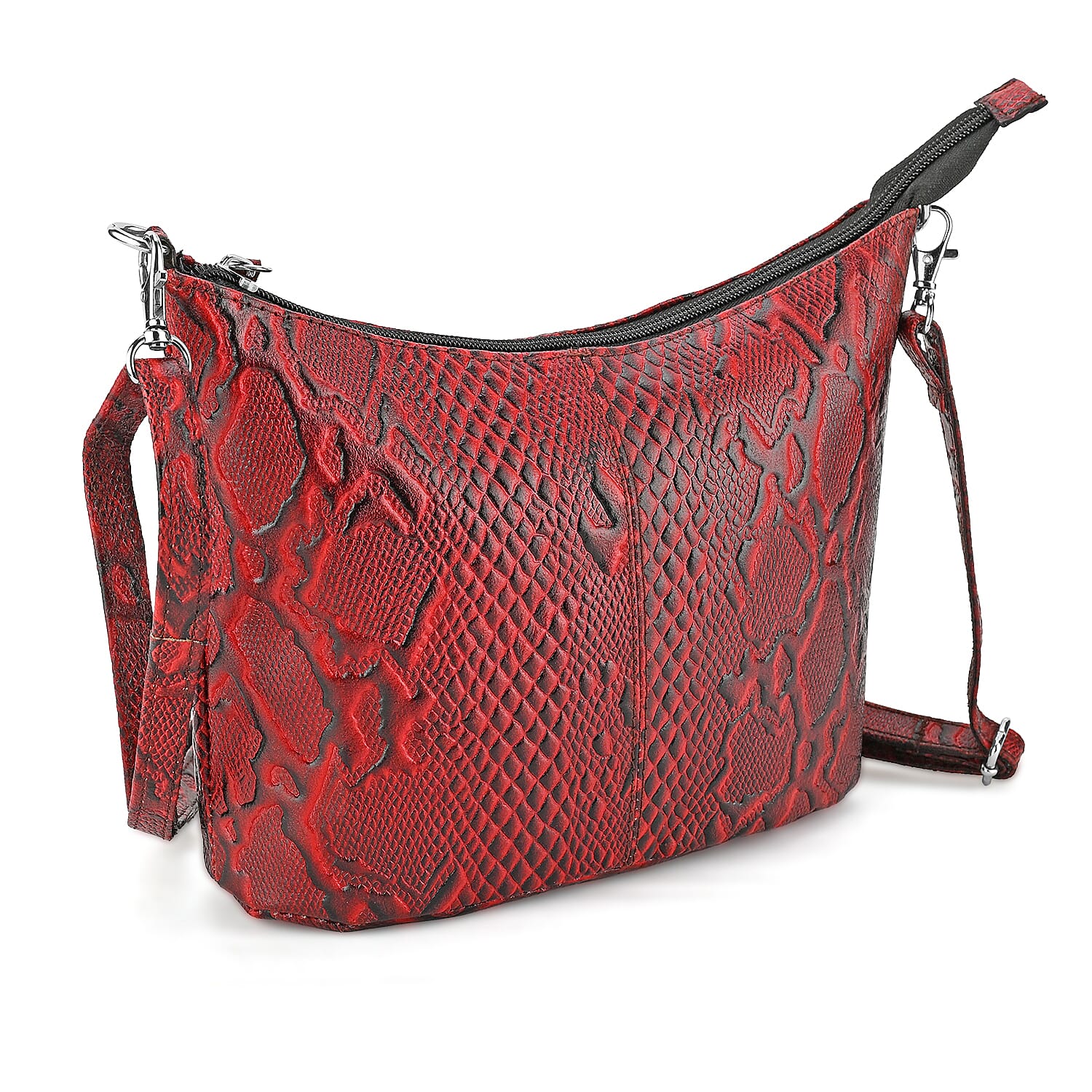 - Maisi 100% Genuine Leather Snakeskin Embossed Crossbody Bag - Red