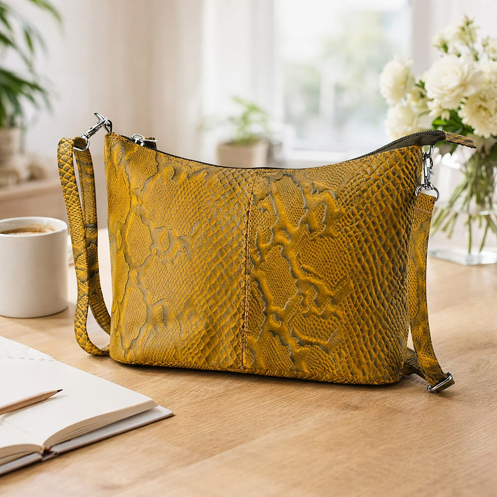 - Maisi 100% Genuine Leather Snakeskin Embossed Crossbody Bag - Yellow