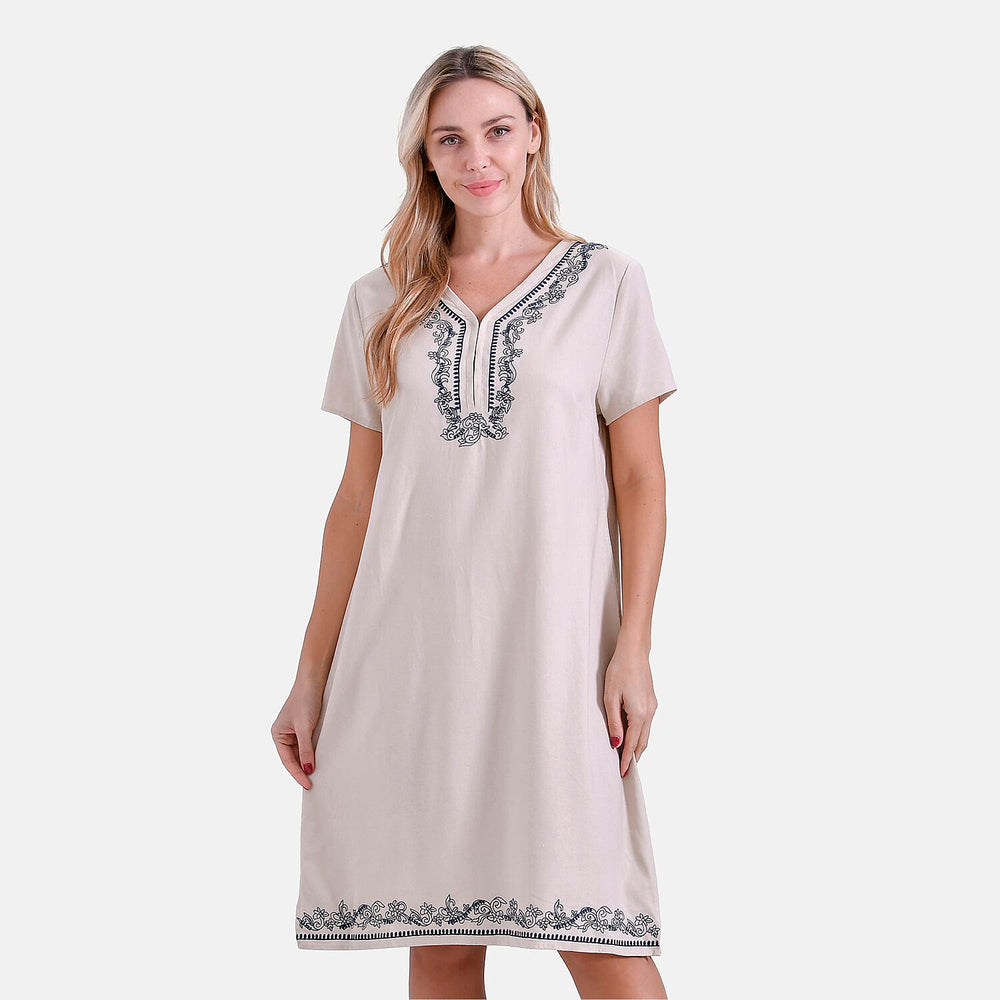 - Maisi Viscose Embroidery Short Sleeves T-shirt Dress (Size L) - Beige with Navy Print