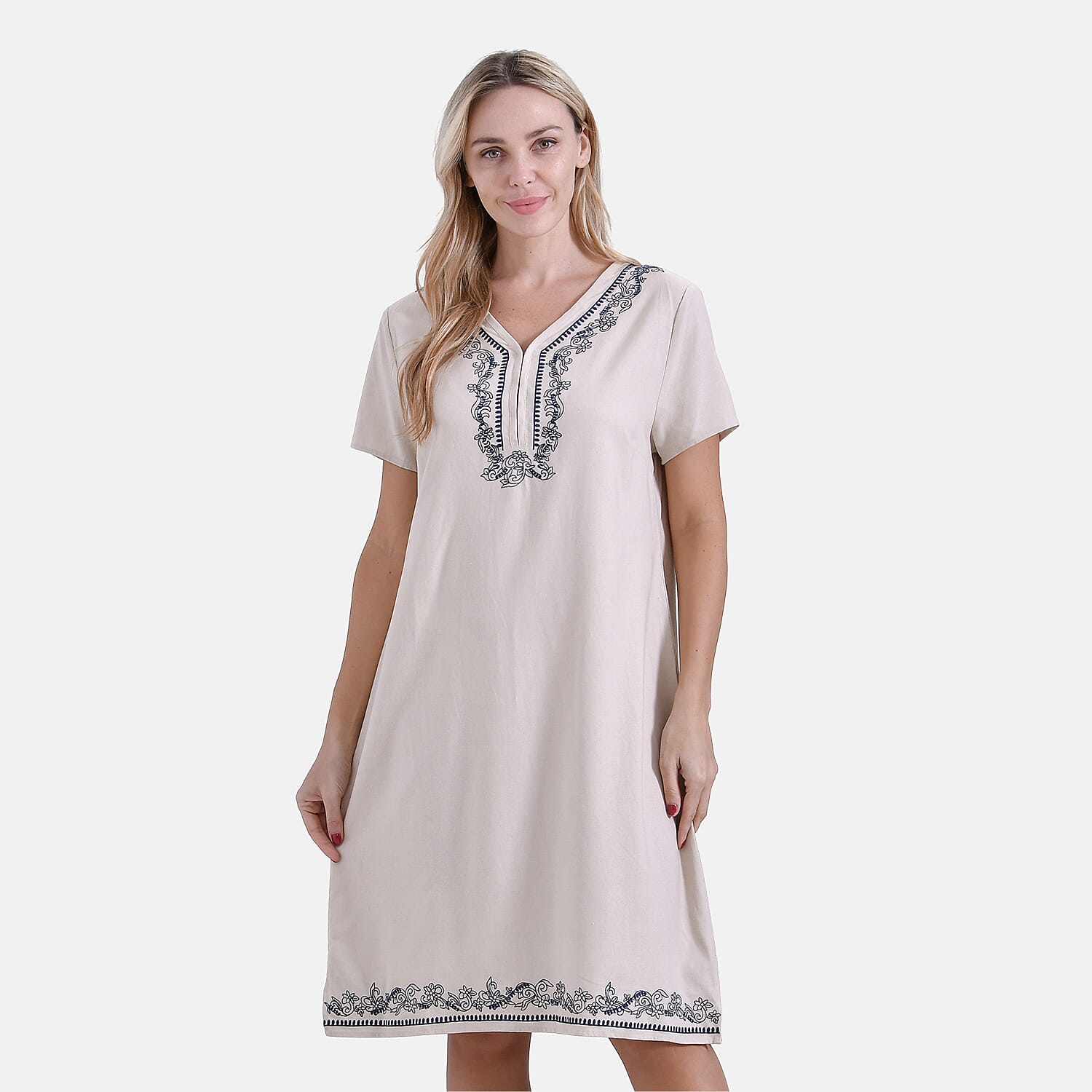 - Maisi Viscose Embroidery Short Sleeves T-shirt Dress (Size L) - Beige with Navy Print