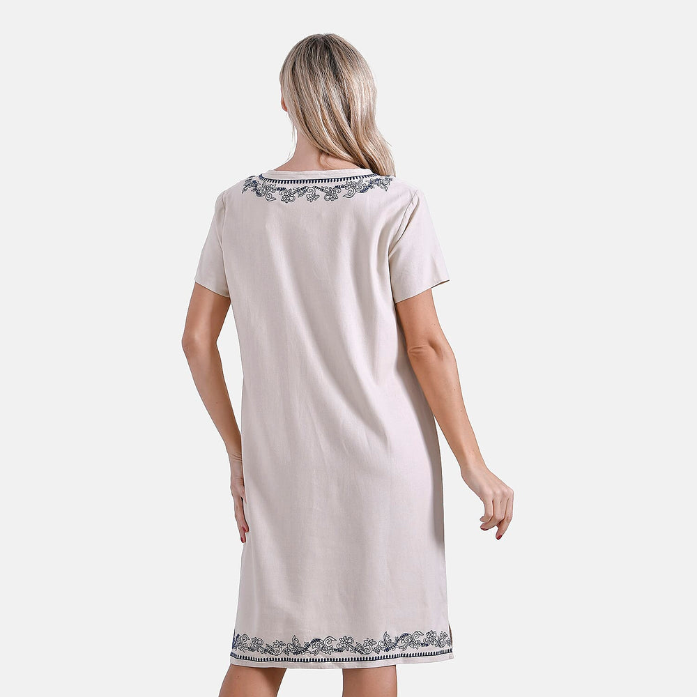 - Maisi Viscose Embroidery Short Sleeves T-shirt Dress (Size L) - Beige with Navy Print