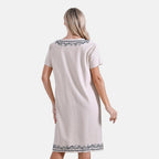 - Maisi Viscose Embroidery Short Sleeves T-shirt Dress (Size L) - Beige with Navy Print
