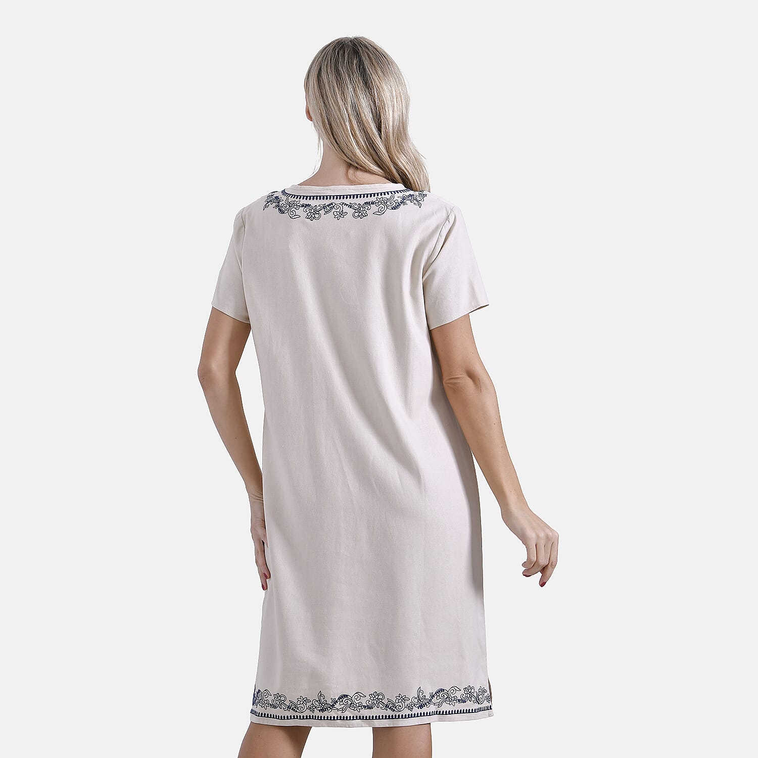 - Maisi Viscose Embroidery Short Sleeves T-shirt Dress (Size L) - Beige with Navy Print