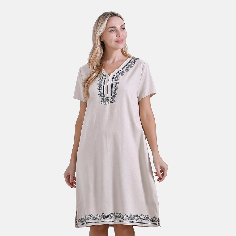 - Maisi Viscose Embroidery Short Sleeves T-shirt Dress (Size L) - Beige with Navy Print