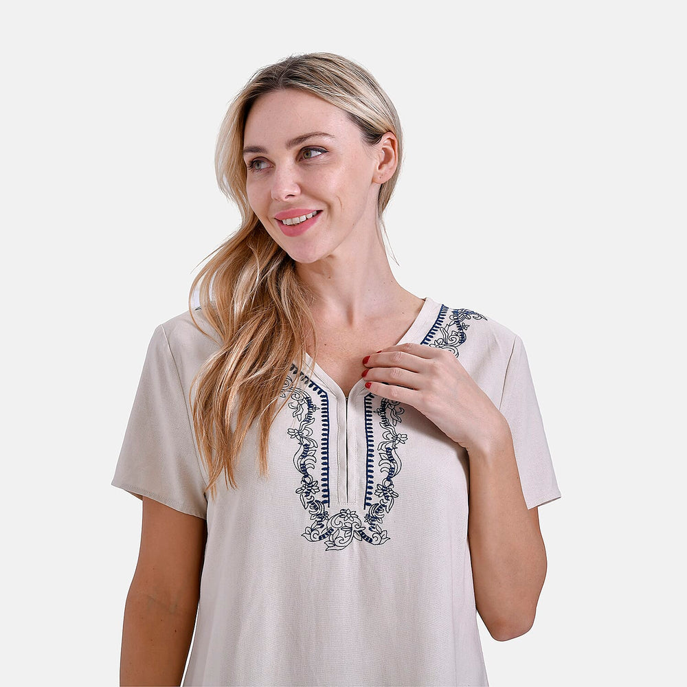- Maisi Viscose Embroidery Short Sleeves T-shirt Dress (Size L) - Beige with Navy Print