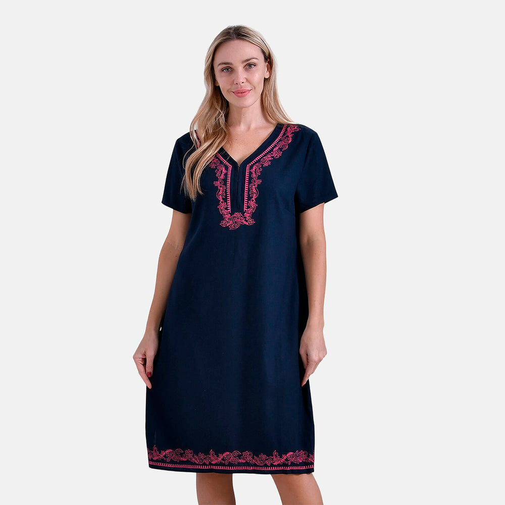 - Maisi Viscose Embroidery Short Sleeves T-shirt Dress (Size L) - Navy with Pink Print