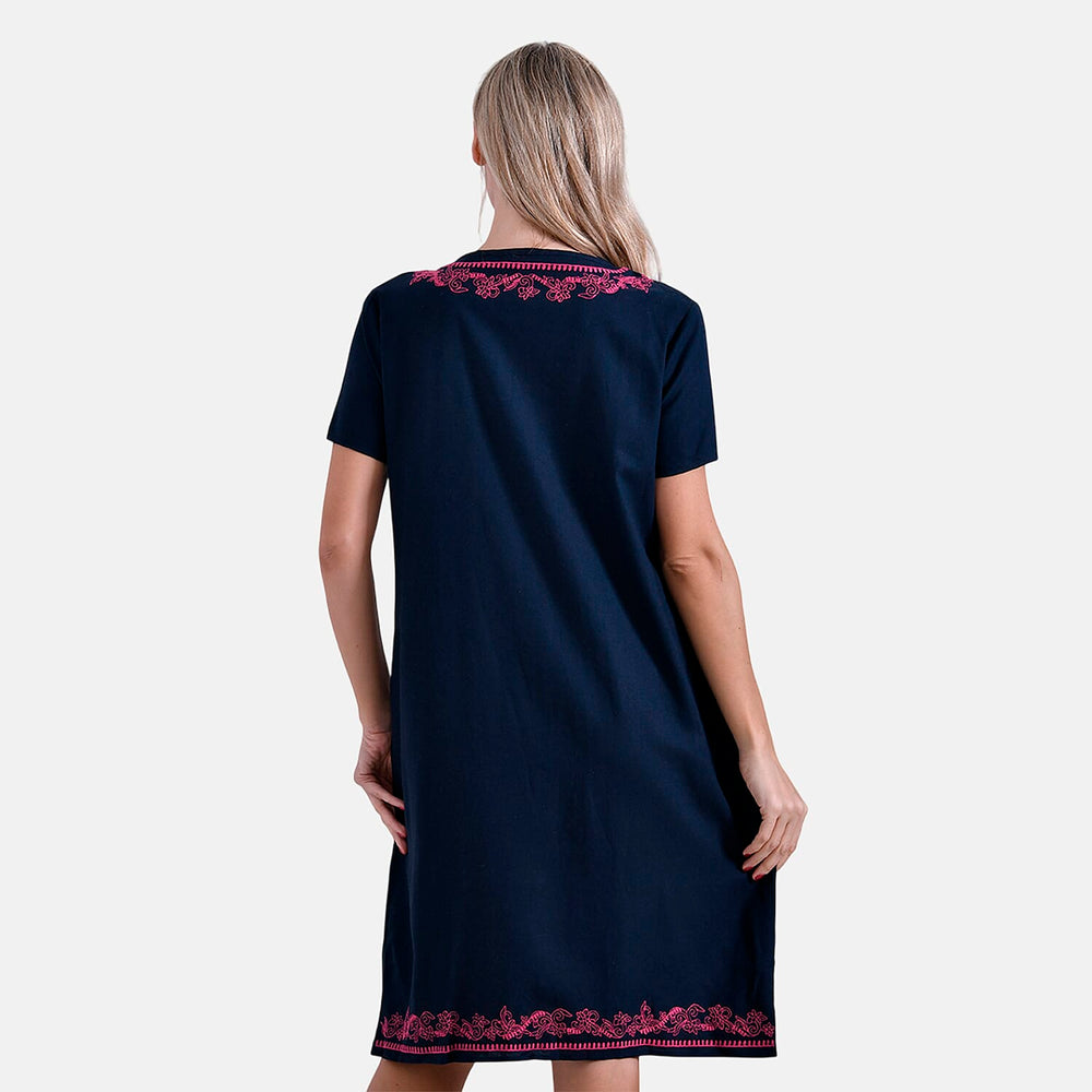 - Maisi Viscose Embroidery Short Sleeves T-shirt Dress (Size L) - Navy with Pink Print