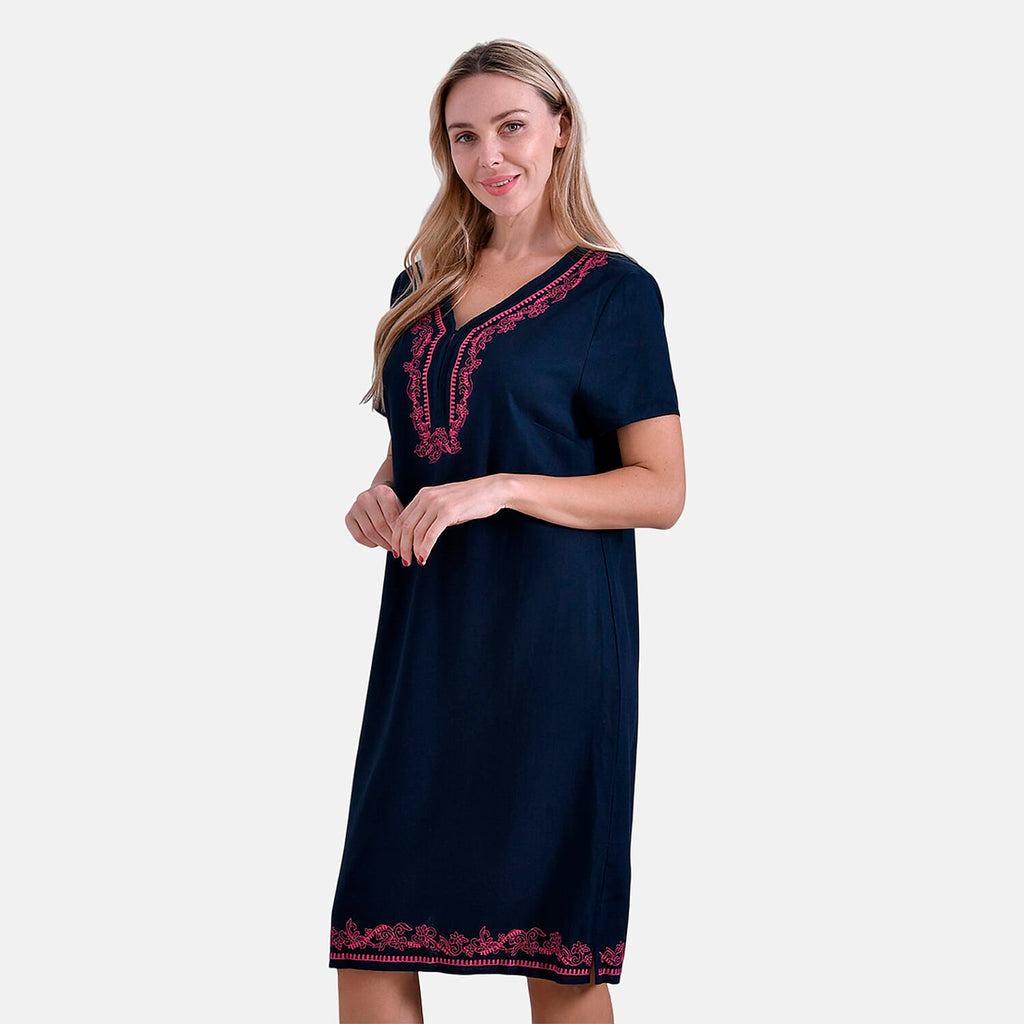 - Maisi Viscose Embroidery Short Sleeves T-shirt Dress (Size L) - Navy with Pink Print