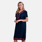 - Maisi Viscose Embroidery Short Sleeves T-shirt Dress (Size L) - Navy with Pink Print