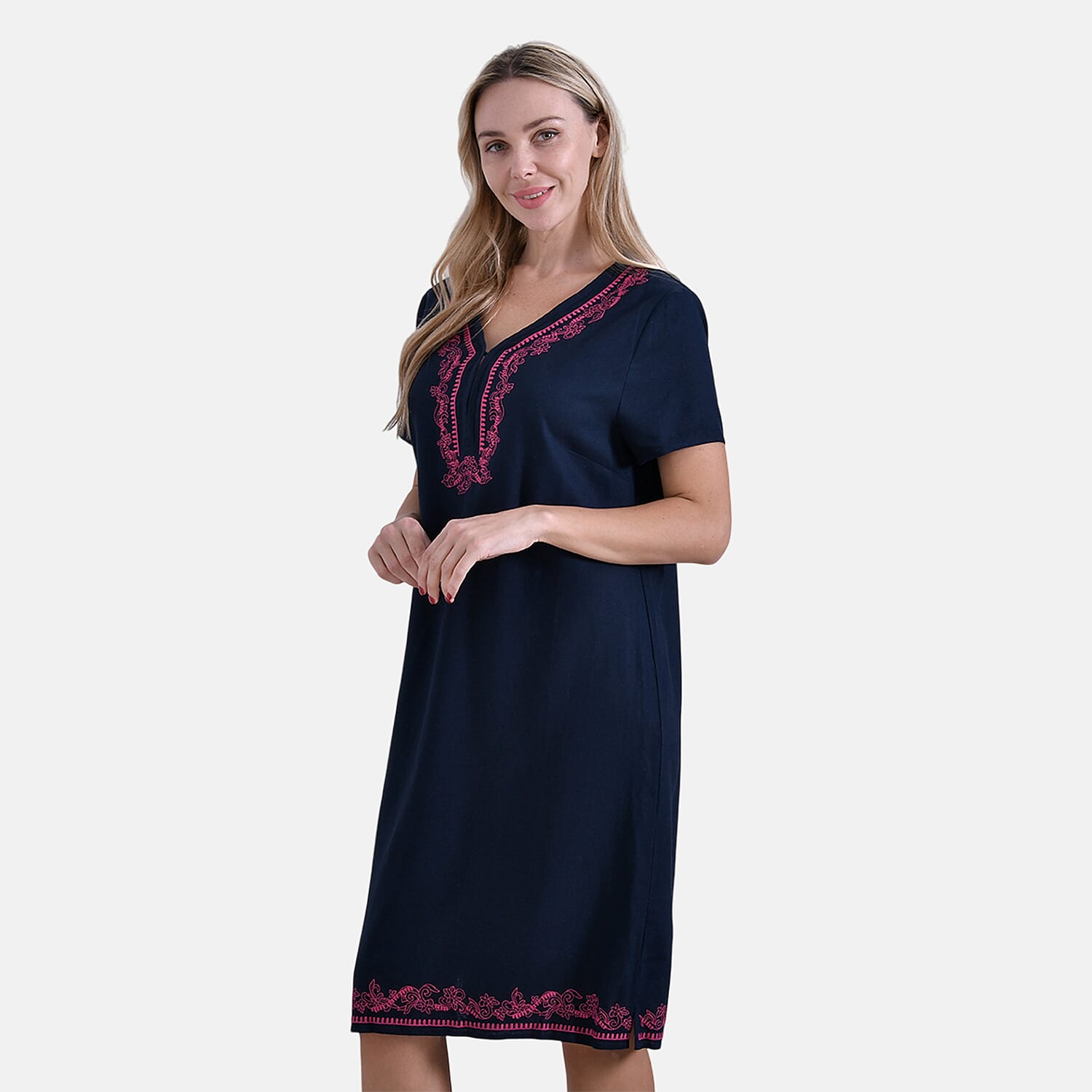 - Maisi Viscose Embroidery Short Sleeves T-shirt Dress (Size L) - Navy with Pink Print