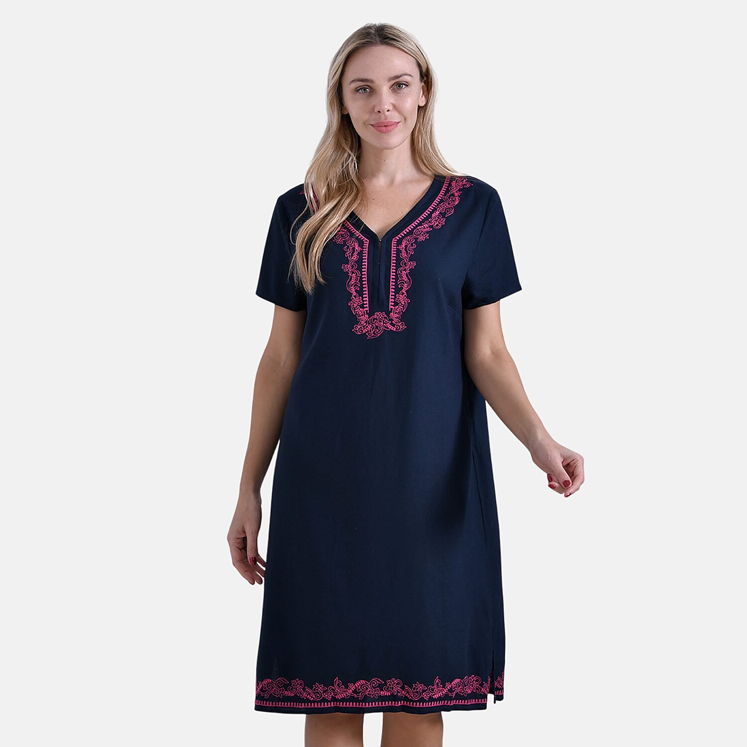 - Maisi Viscose Embroidery Short Sleeves T-shirt Dress (Size L) - Navy with Pink Print