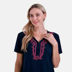- Maisi Viscose Embroidery Short Sleeves T-shirt Dress (Size L) - Navy with Pink Print