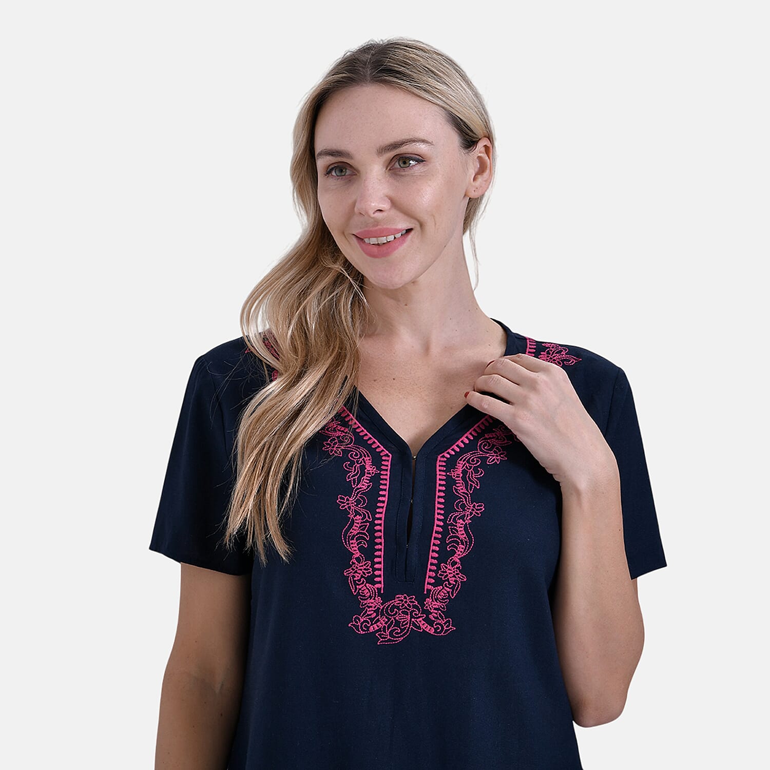 - Maisi Viscose Embroidery Short Sleeves T-shirt Dress (Size L) - Navy with Pink Print