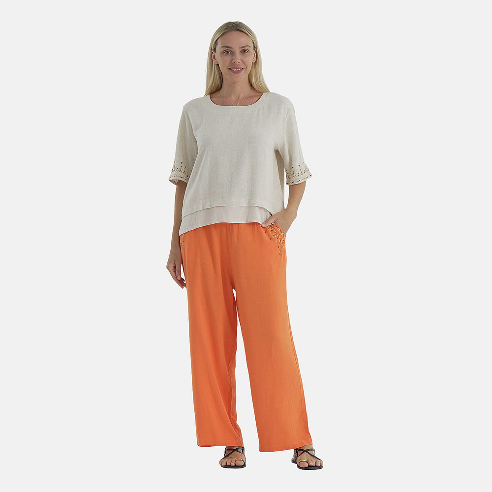 - MAISI Womens Linen Blend Embroidered Wide Leg Trousers (Size XL) - Orange