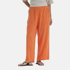 - MAISI Womens Linen Blend Embroidered Wide Leg Trousers (Size XL) - Orange
