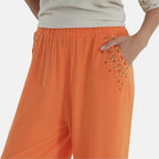 - MAISI Womens Linen Blend Embroidered Wide Leg Trousers (Size XL) - Orange