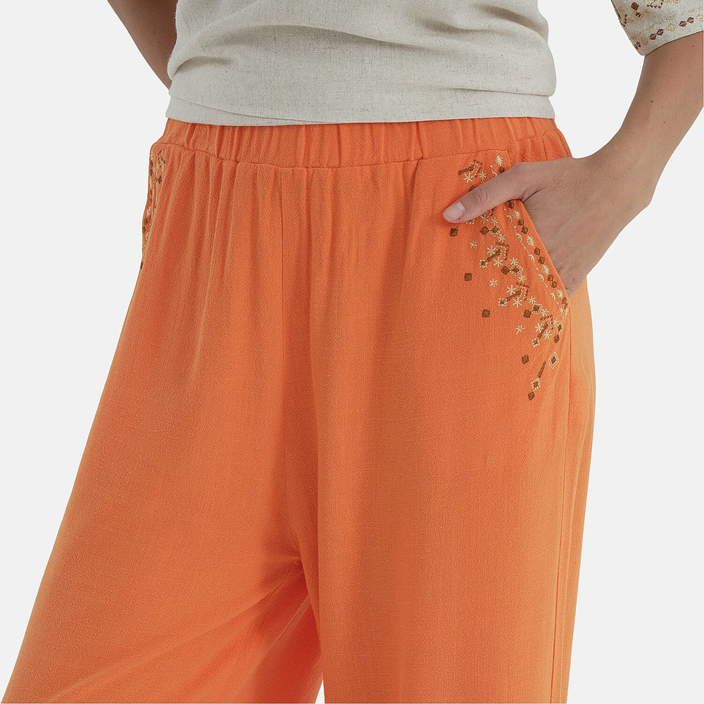 - MAISI Womens Linen Blend Embroidered Wide Leg Trousers (Size XXL) - Orange