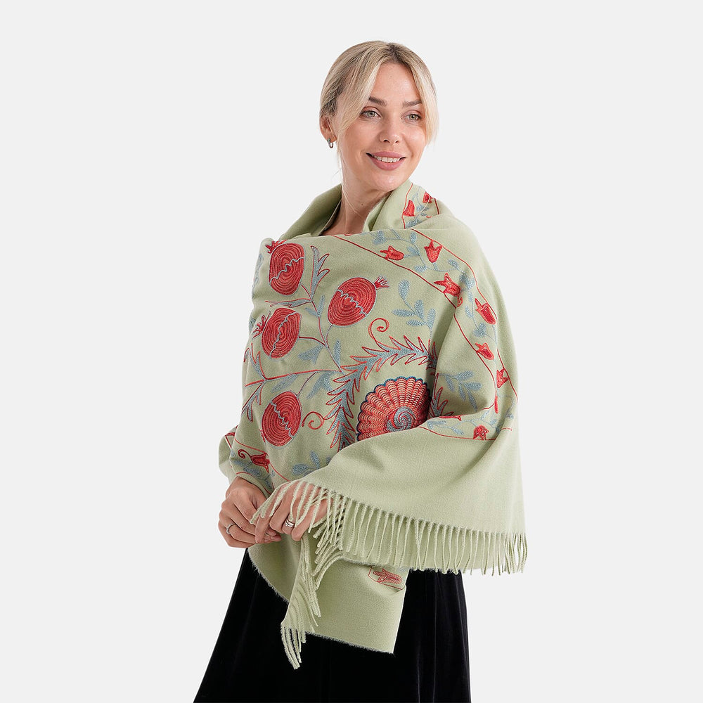 - Maisi Floral Embroidered Scarf With Tassel (180 x 75 Cm) - Green