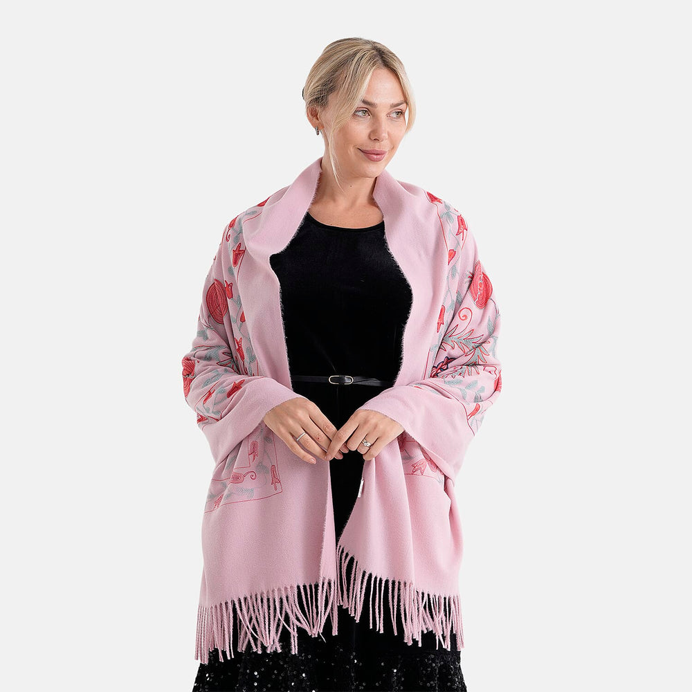 - Maisi Floral Embroidered Scarf With Tassel (180 x 75 Cm) - Pink
