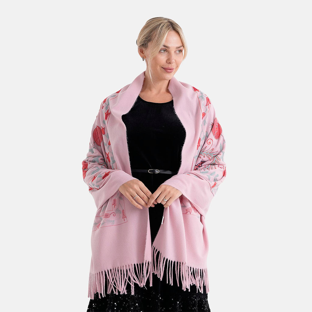 - Maisi Floral Embroidered Scarf With Tassel (180 x 75 Cm) - Pink