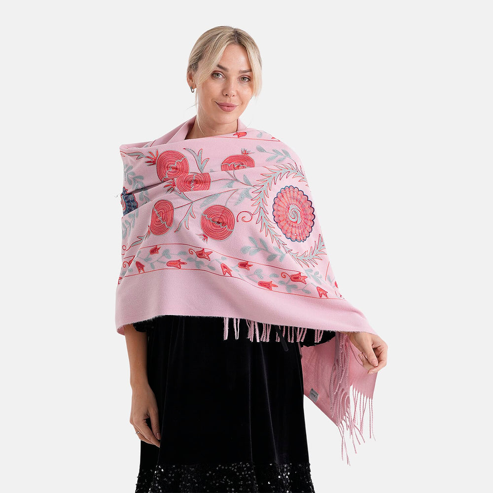 - Maisi Floral Embroidered Scarf With Tassel (180 x 75 Cm) - Pink