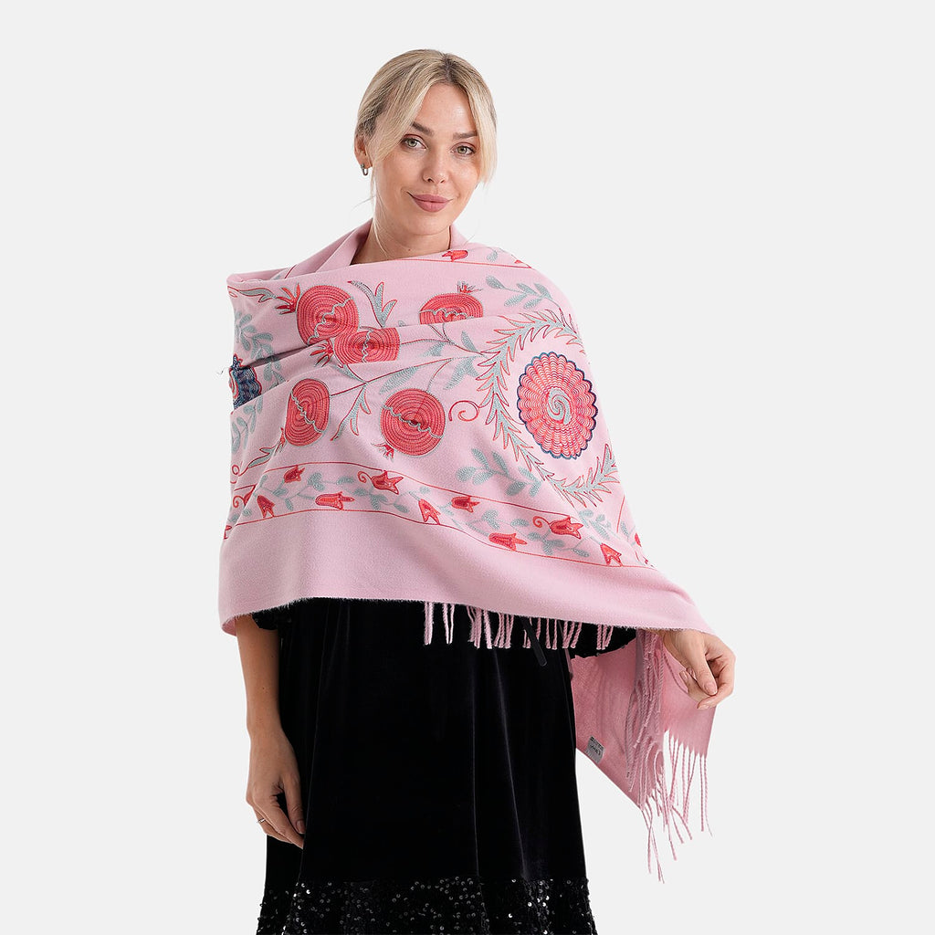 - Maisi Floral Embroidered Scarf With Tassel (180 x 75 Cm) - Pink