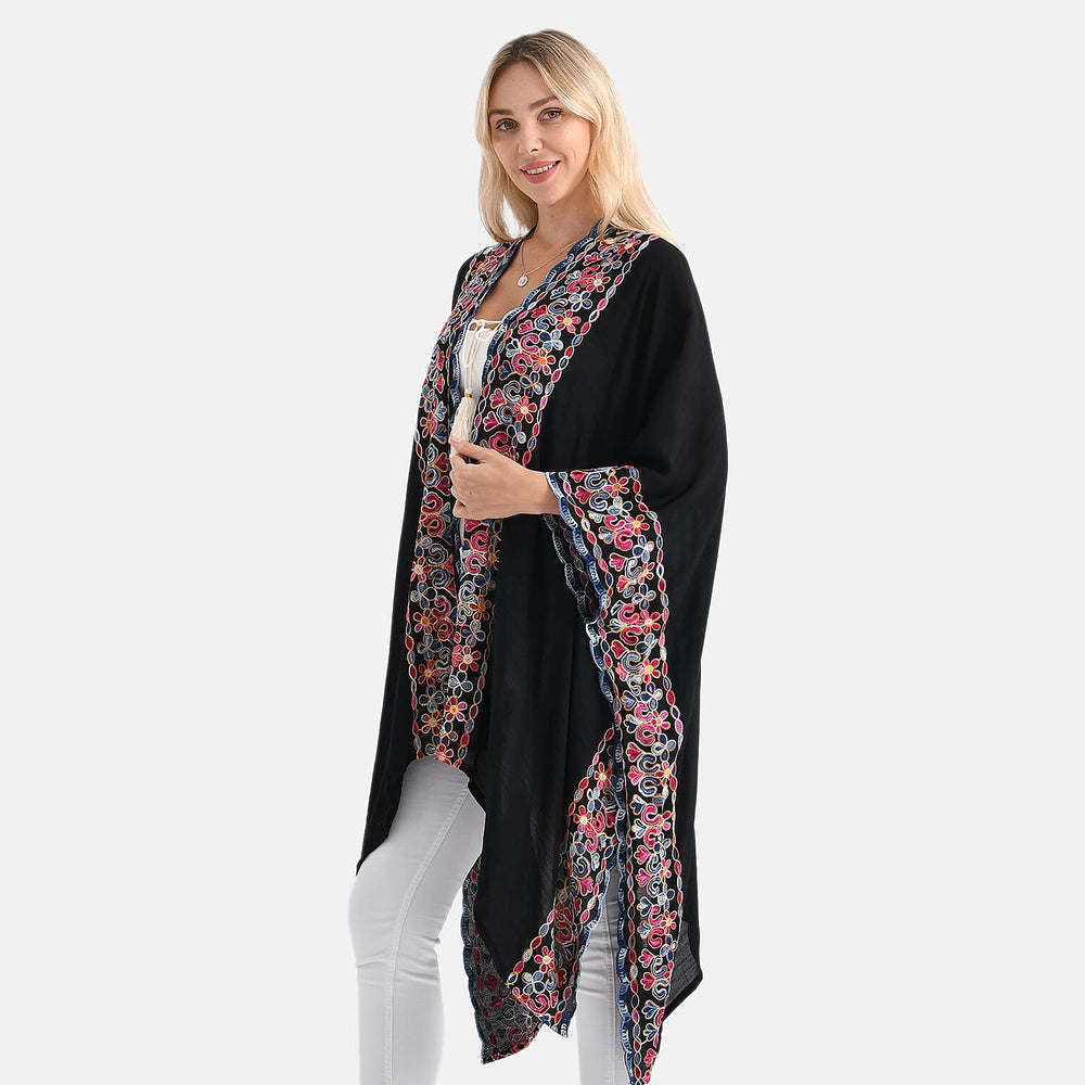 - Maisi Flower Pattern Embroidered Tie Front Kimono (One Size) - Black - Red