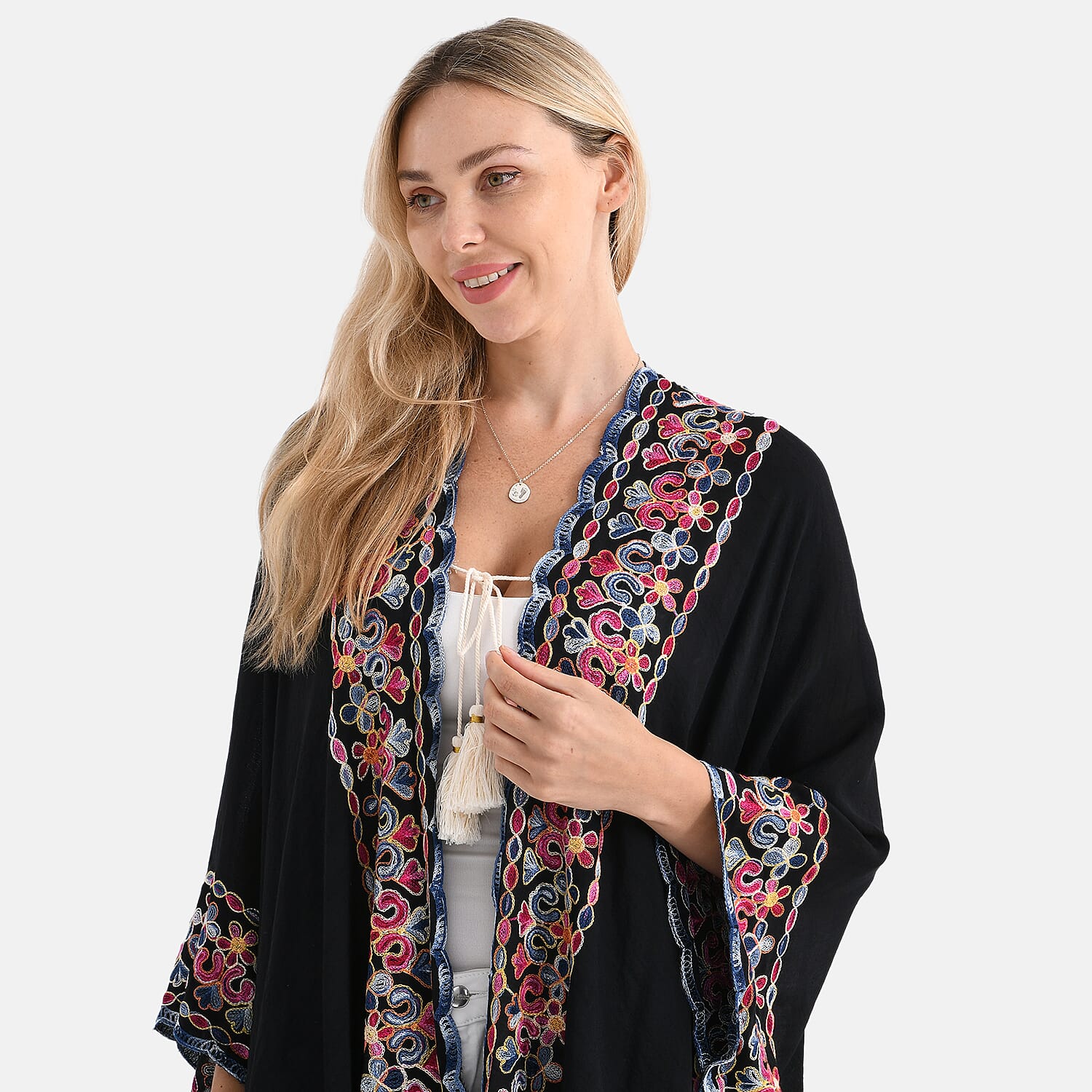 - Maisi Flower Pattern Embroidered Tie Front Kimono (One Size) - Black - Red