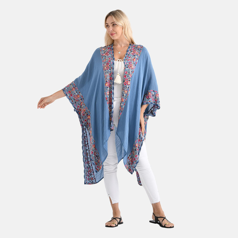 - Maisi Flower Pattern Embroidered Tie Front Kimono (One Size) - Black - Red