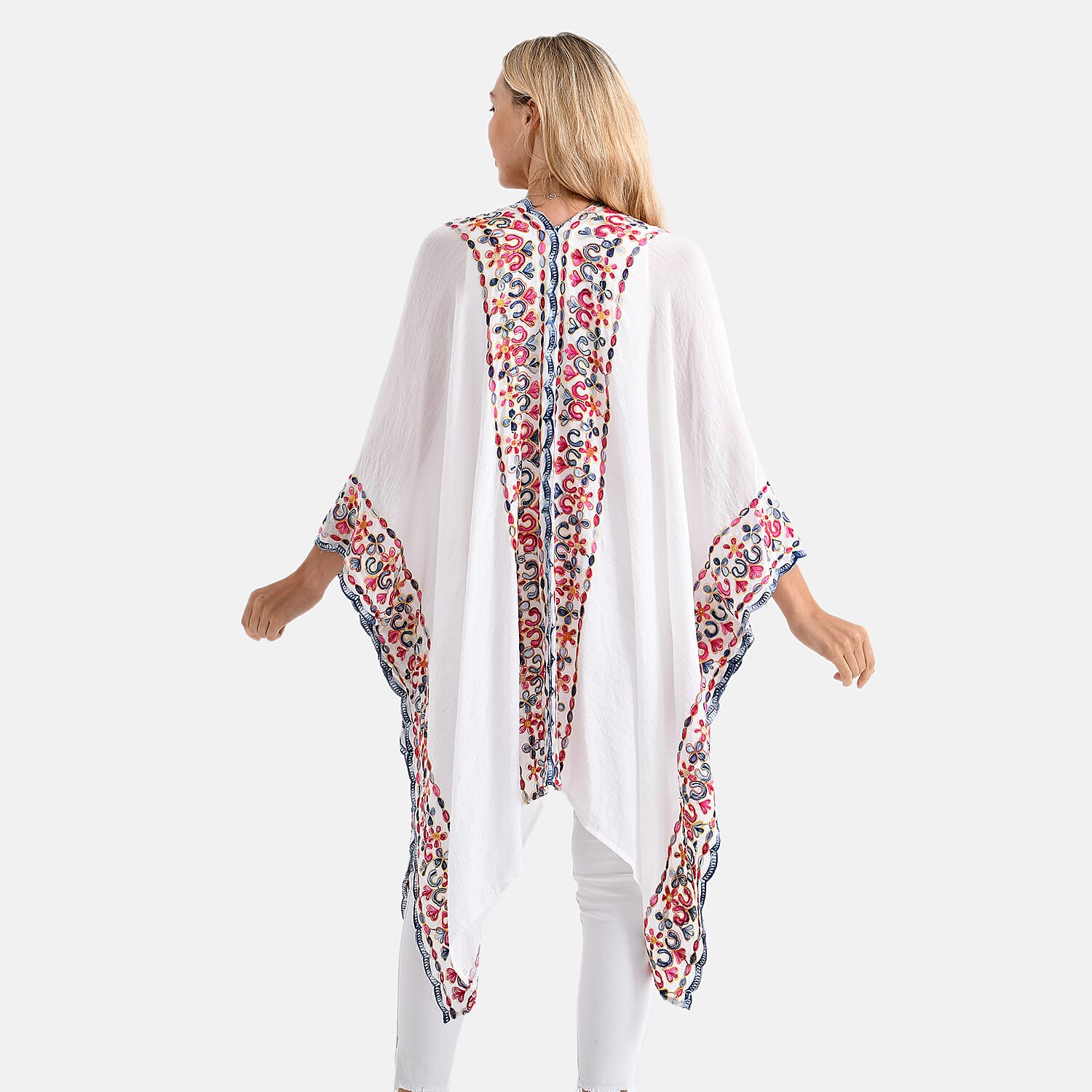 - Maisi Flower Pattern Embroidered Tie Front Kimono (One Size) - Black - Red