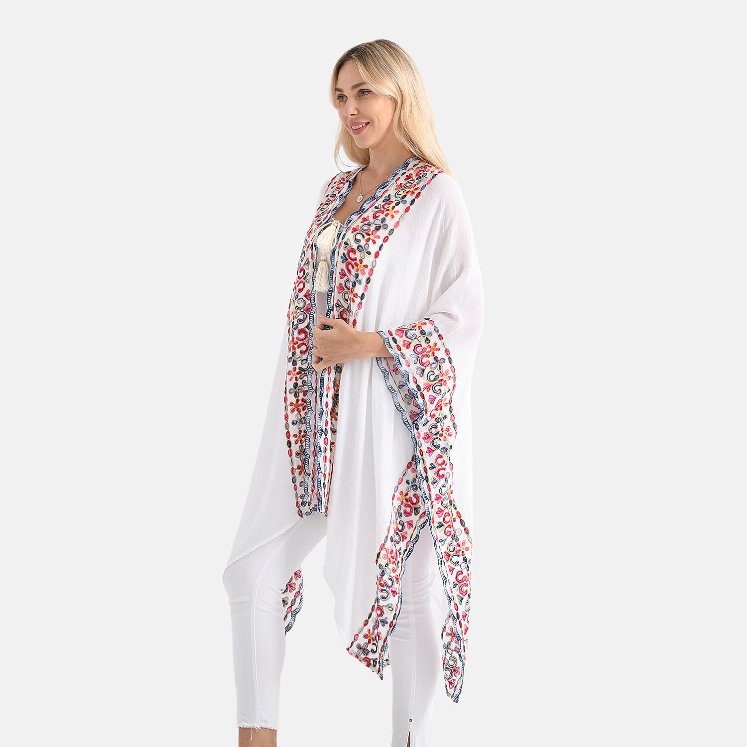 - Maisi Flower Pattern Embroidered Tie Front Kimono (One Size) - Black - Red
