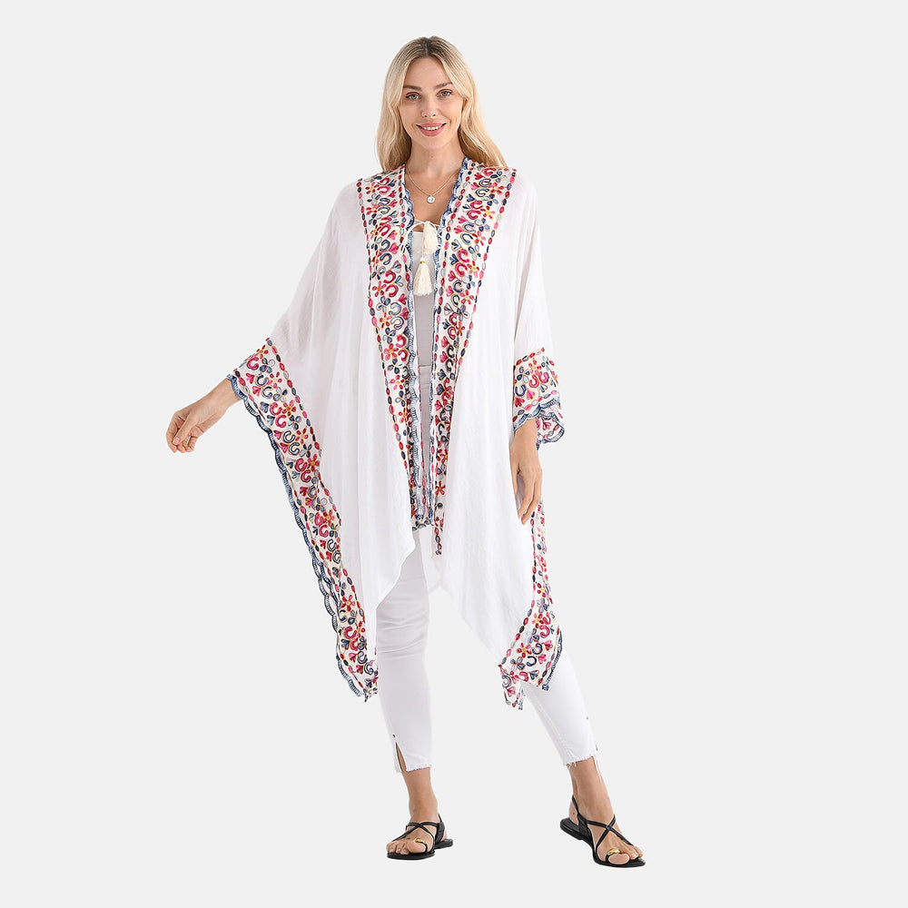 - Maisi Flower Pattern Embroidered Tie Front Kimono (One Size) - Black - Red