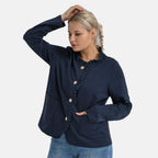 -Maisi Frill Trim Gold Button Suede Feel Jacket (Size M, 12 to 14) - Navy