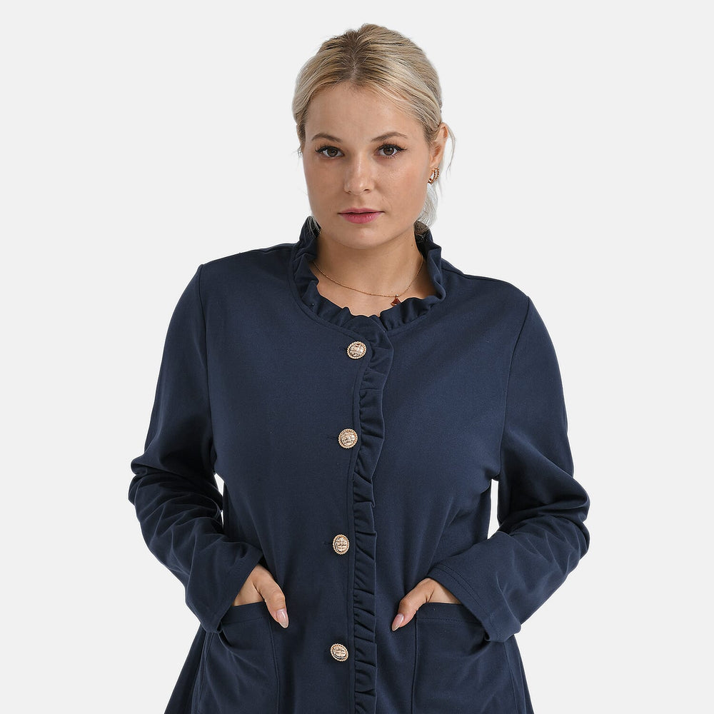 -Maisi Frill Trim Gold Button Suede Feel Jacket (Size M, 12 to 14) - Navy