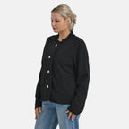 -Maisi Frill Trim Gold Button Suede Feel Jacket (Size S, 8 to 10) - Black
