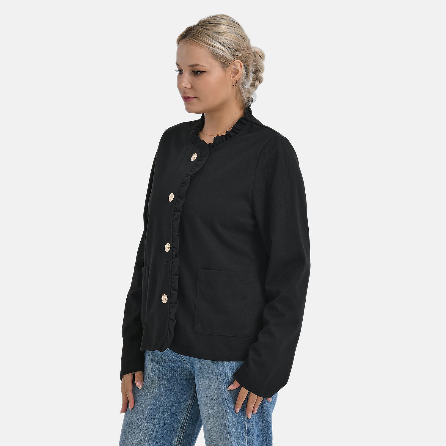 -Maisi Frill Trim Gold Button Suede Feel Jacket (Size S, 8 to 10) - Black