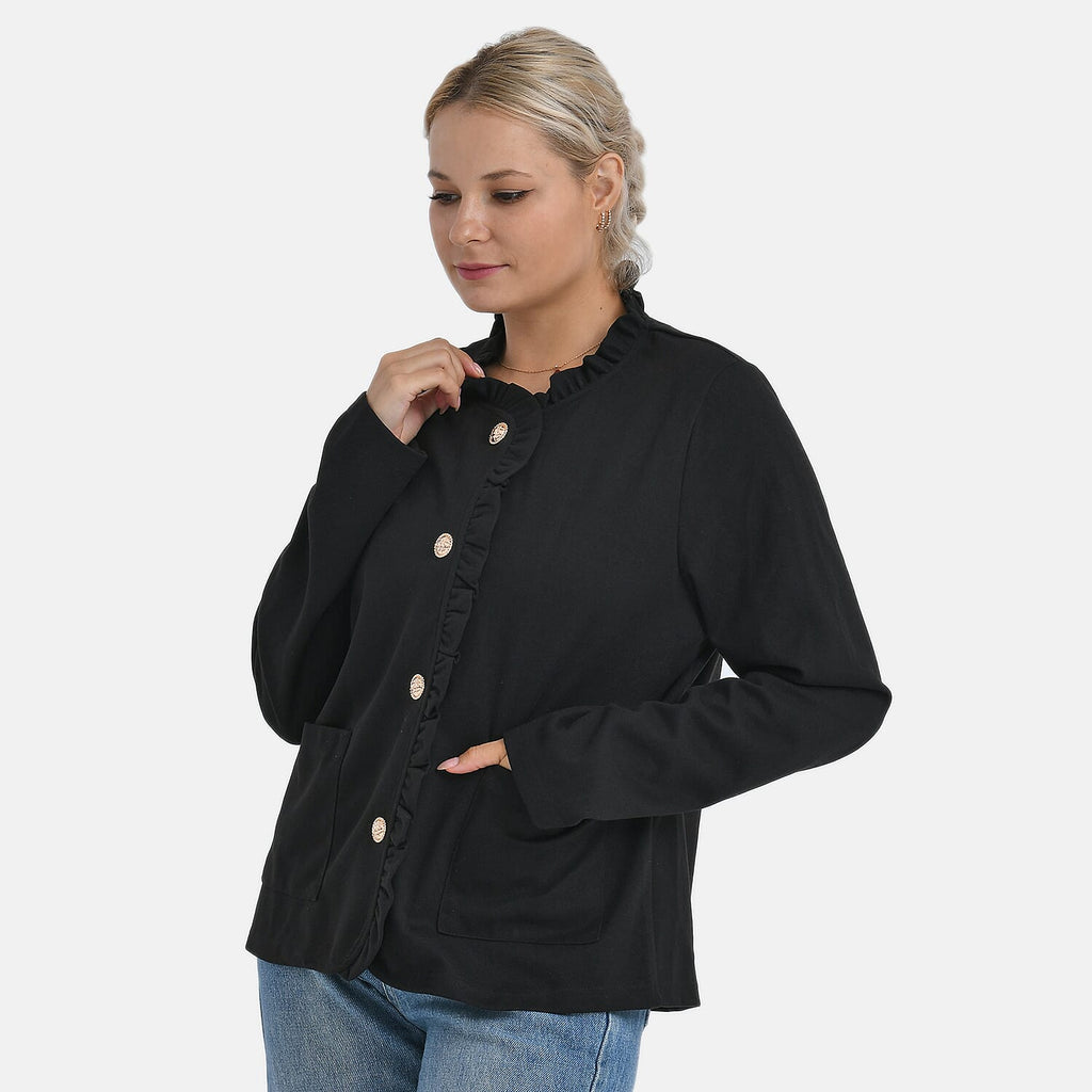 -Maisi Frill Trim Gold Button Suede Feel Jacket (Size S, 8 to 10) - Black