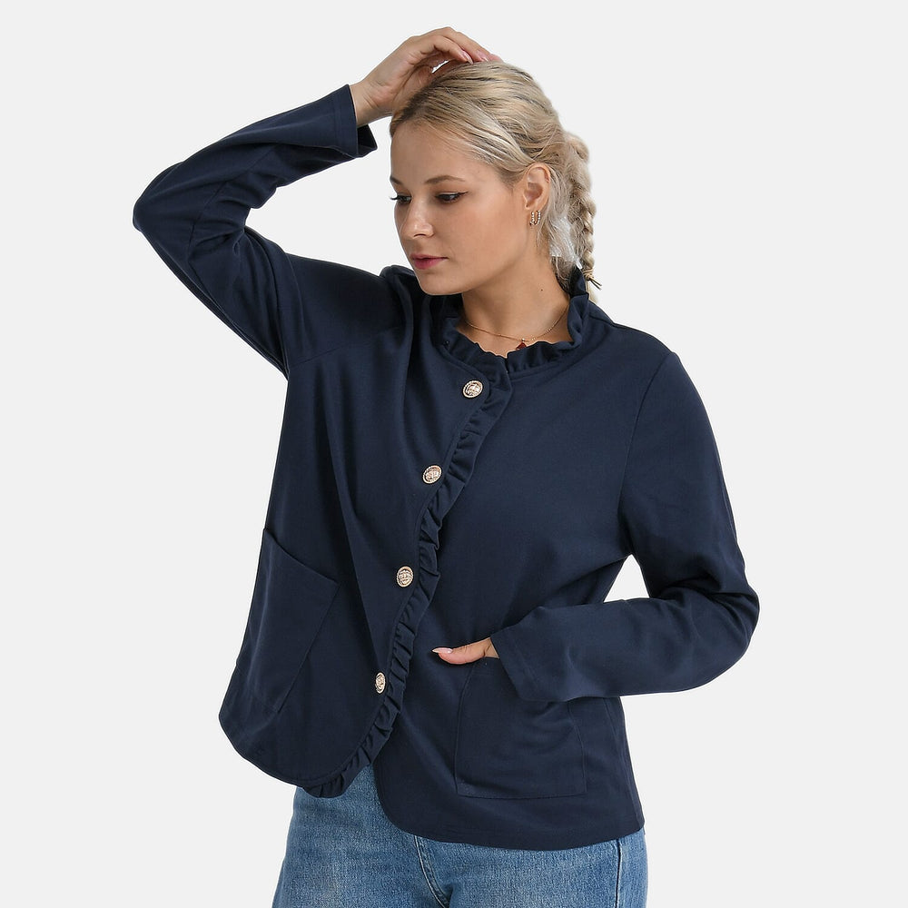 -Maisi Frill Trim Gold Button Suede Feel Jacket (Size XL, 20 to 22) - Navy