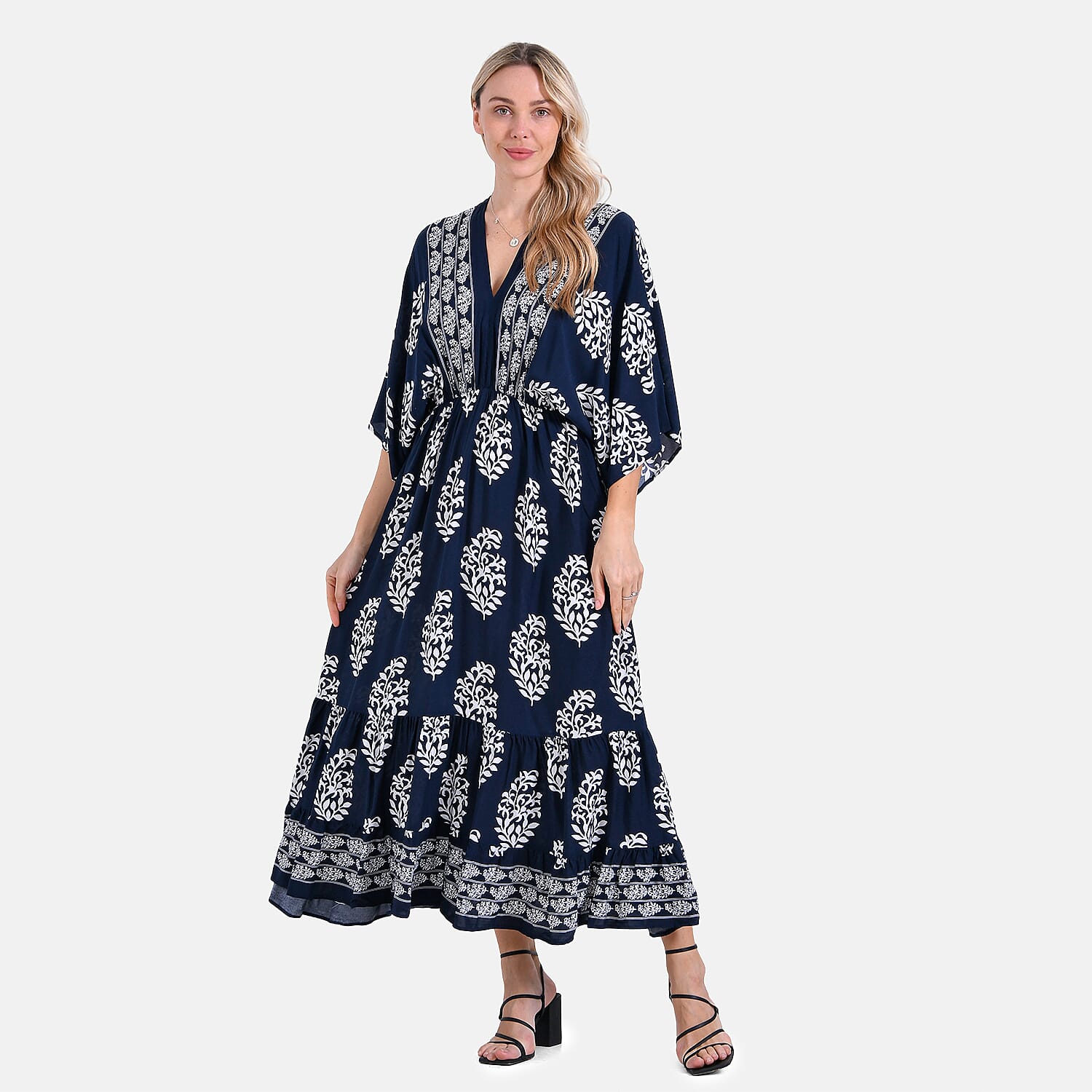 - Maisi Bohemian Geometric Ethnic Print V-Neck Maxi Dress (One Size) - Navy with White Print