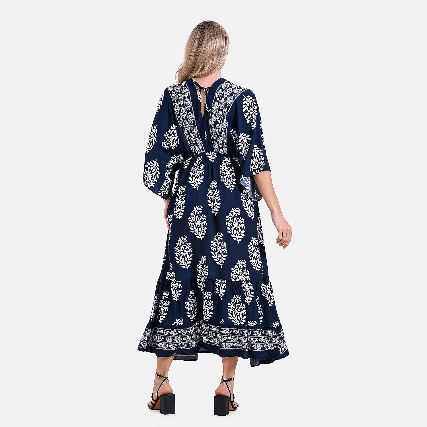 - Maisi Bohemian Geometric Ethnic Print V-Neck Maxi Dress (One Size) - Navy with White Print